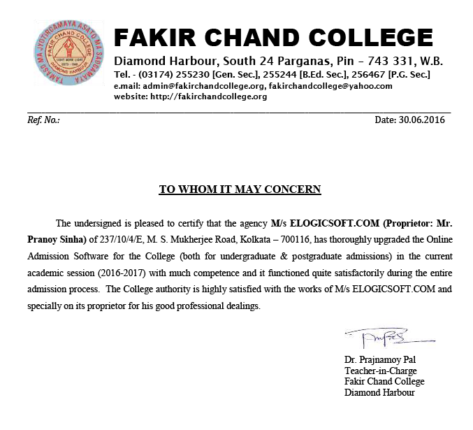 Letter of appreciation from Fakir Chand College